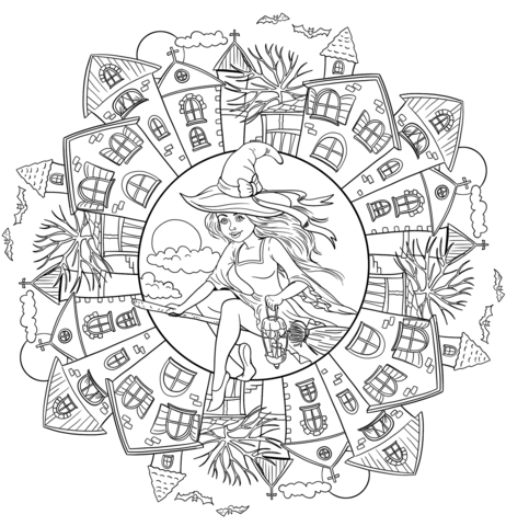 Coloring page Halloween mandala with a witch